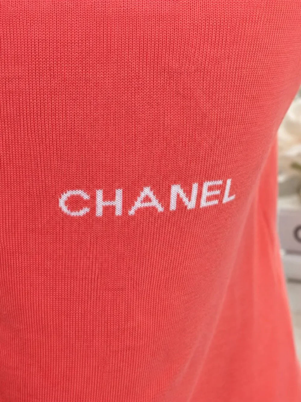 CHANEL Coral Orange Sleeveless Knit Logo Tank Top Size 42 Made in Italy